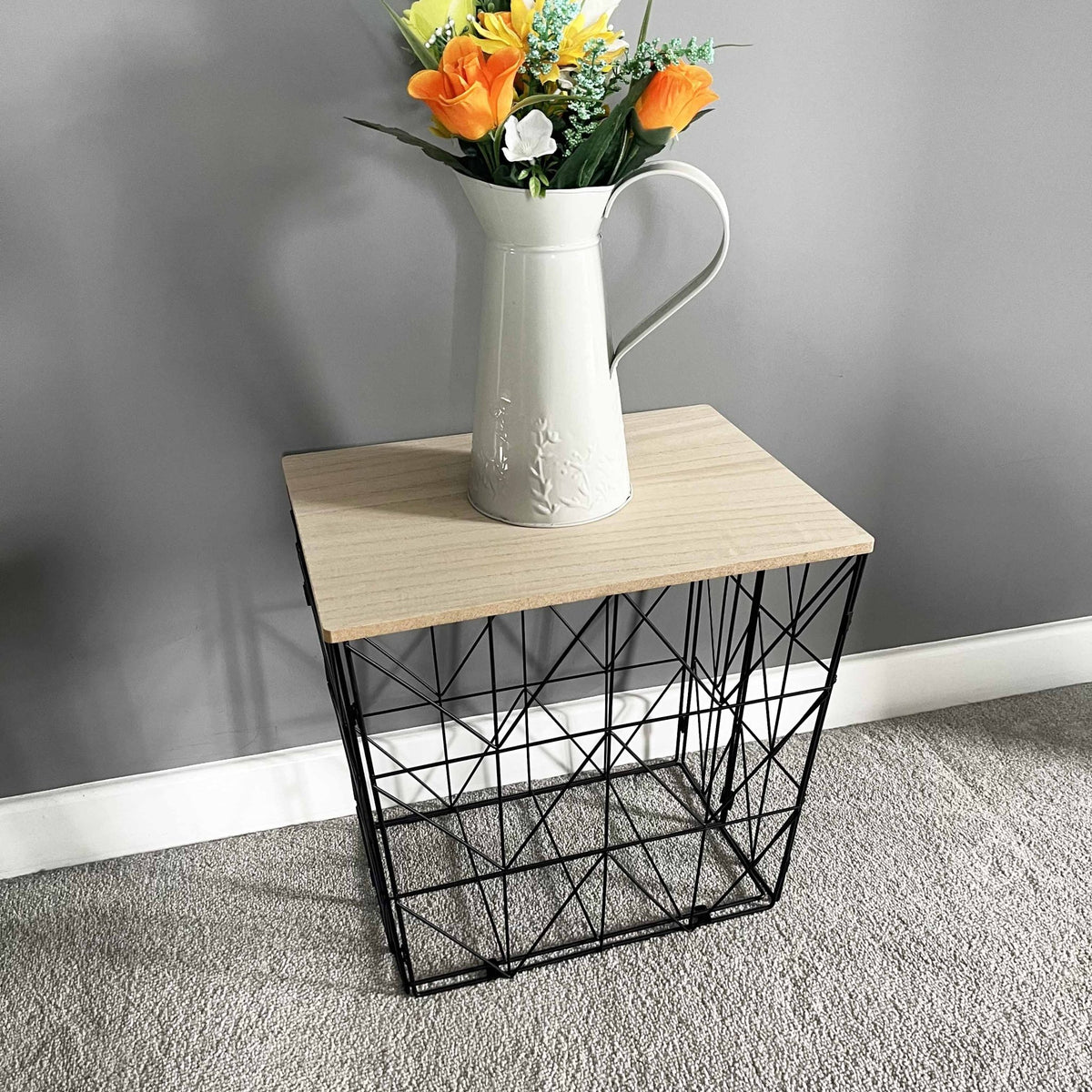 Black Foldable Basket Table with Wood effect Top - Cherish Home