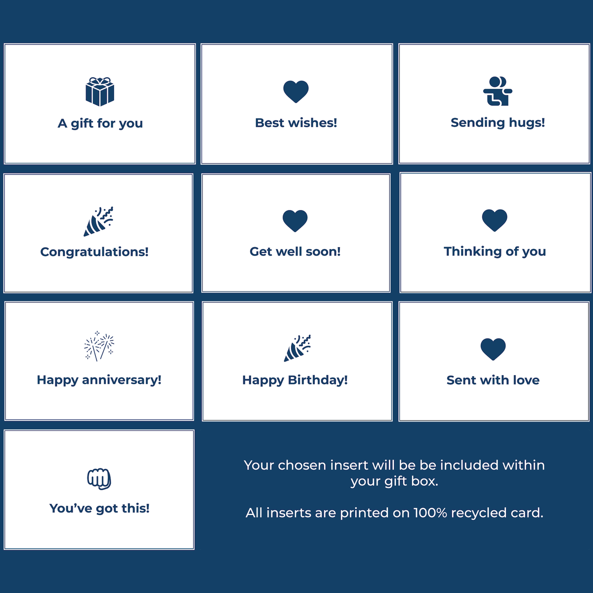 All the inserts we offer to add in the gift box, Best Wishes, Happy Birthday etc.