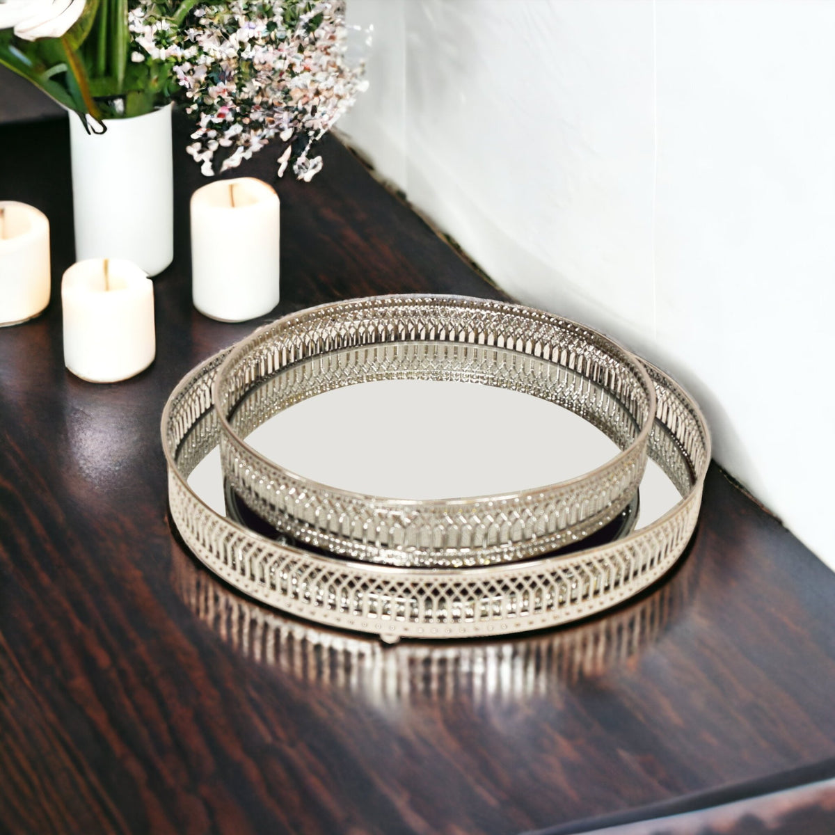 Decorative Circular Nickel Trays - Mirror Effect - Cherish Home