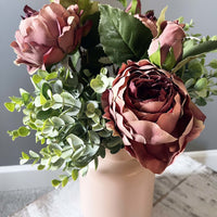 Dusty Pink Spray Rose Peony with leafy spray in pink vase.