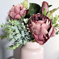 Dusty Pink Spray Rose Peony with leafy spray in pink vase.