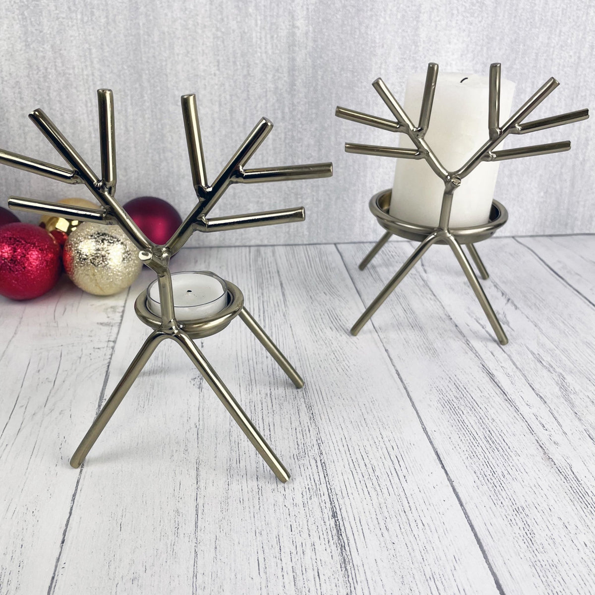 Gold Reindeer Candle Holder Set with candle and tealight