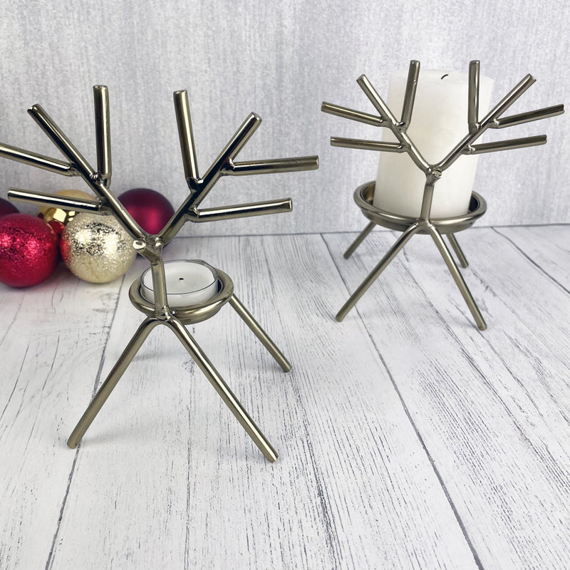 Gold Reindeer Candle Holder Set with candle and tealight