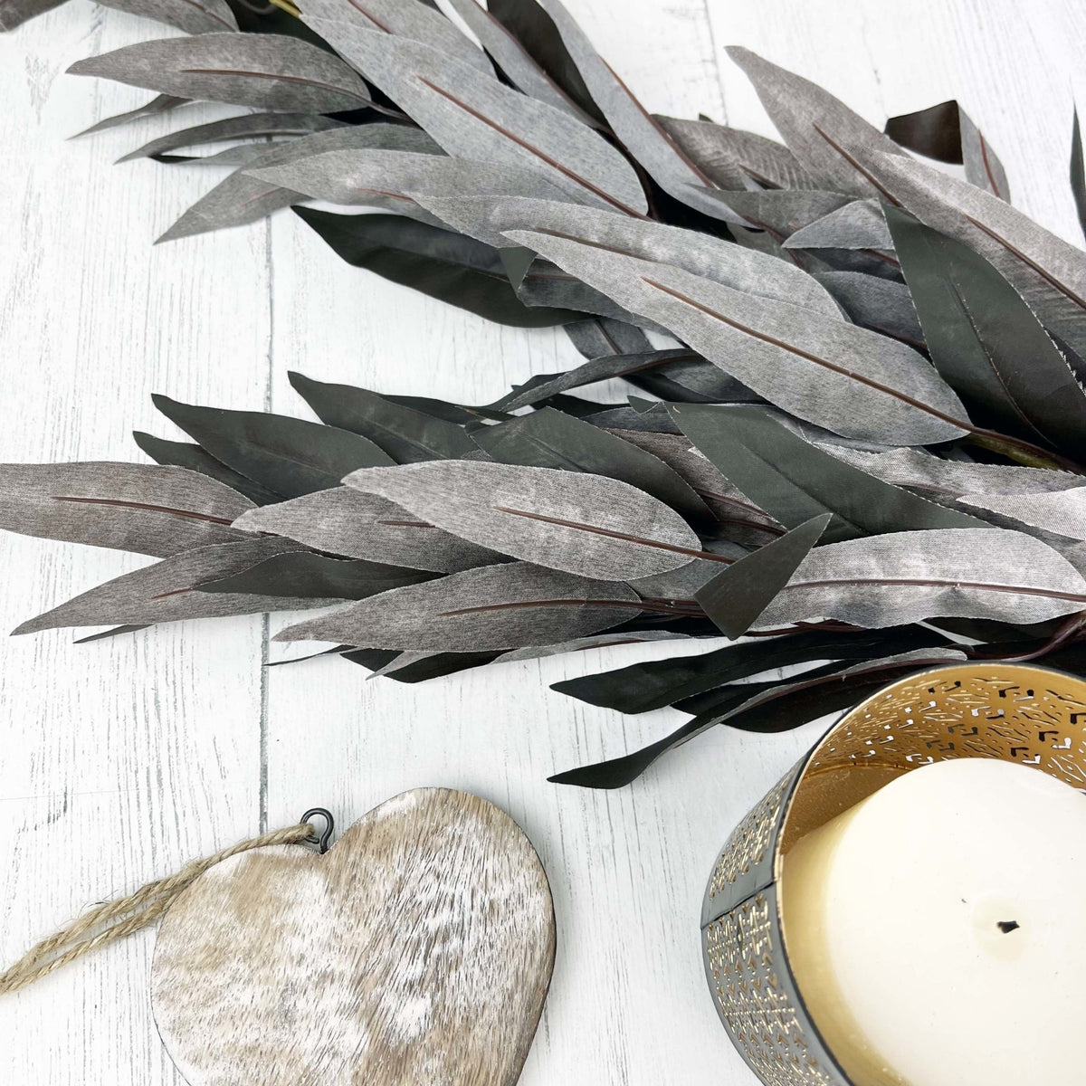 Jewel Toned Burgundy Eucalyptus Foliage with Candle