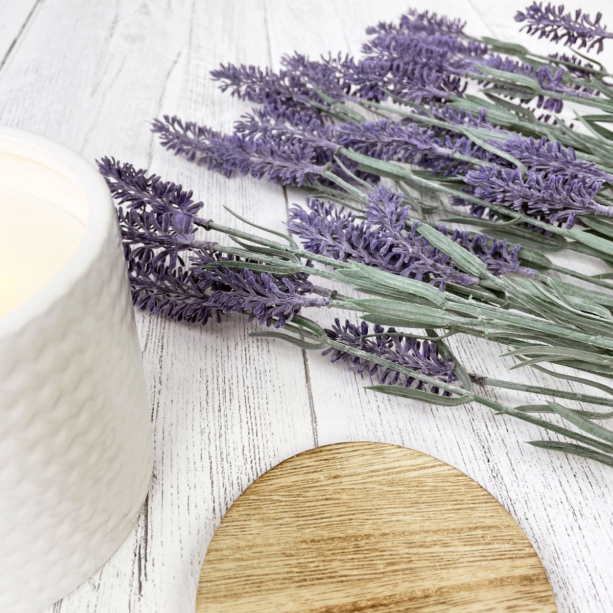 Large Lavender Spray close up with wood top candle