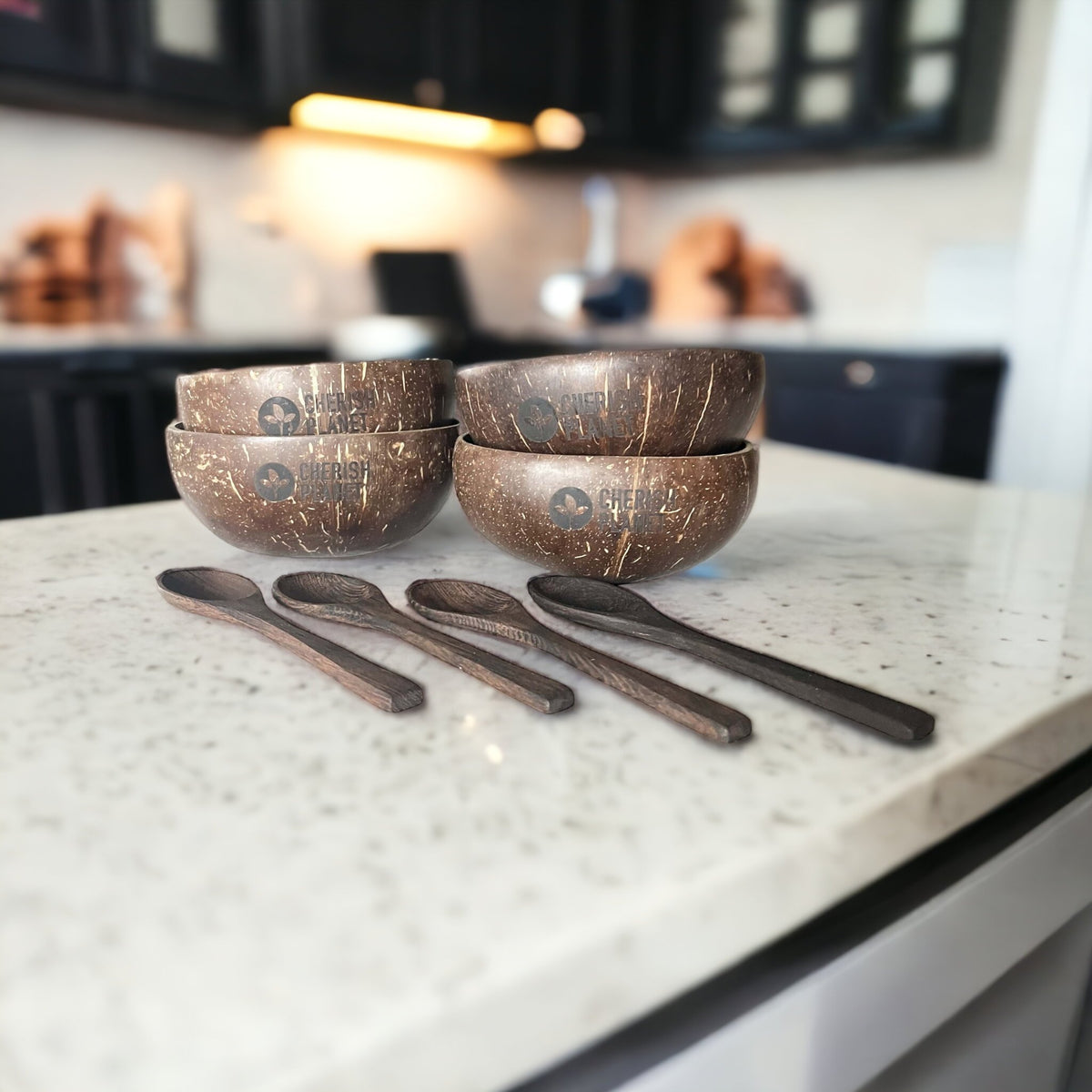 Real Coconut Shell Brown Bowls with Wooden Spoons Set - Cherish Home