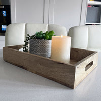 Rectangular Herringbone Wooden Serving Tray small on a kitchen bench with a planter and lit candle