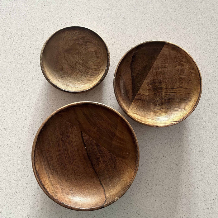 Set of 3 100% Mango Wood Round Brown Decorative Bowls - Cherish Home