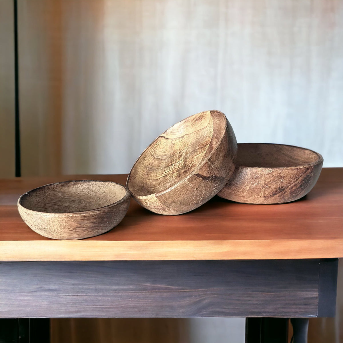 Set of 3 100% Mango Wood Round Brown Decorative Bowls - Cherish Home