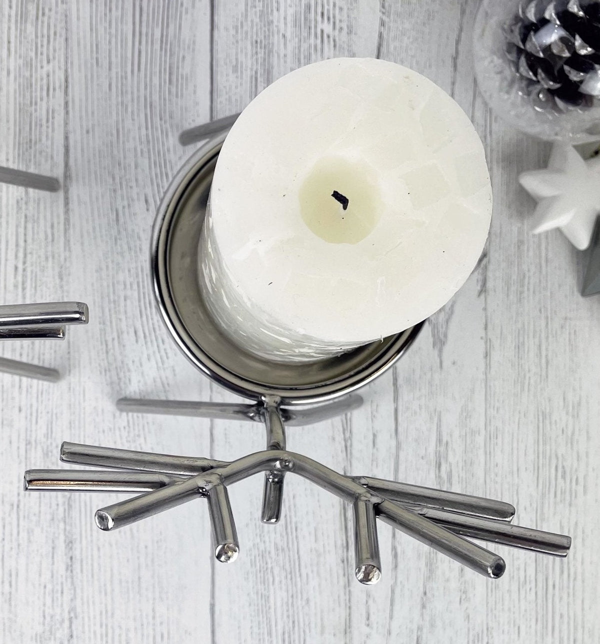 Silver Reindeer Candle Holder Set Top