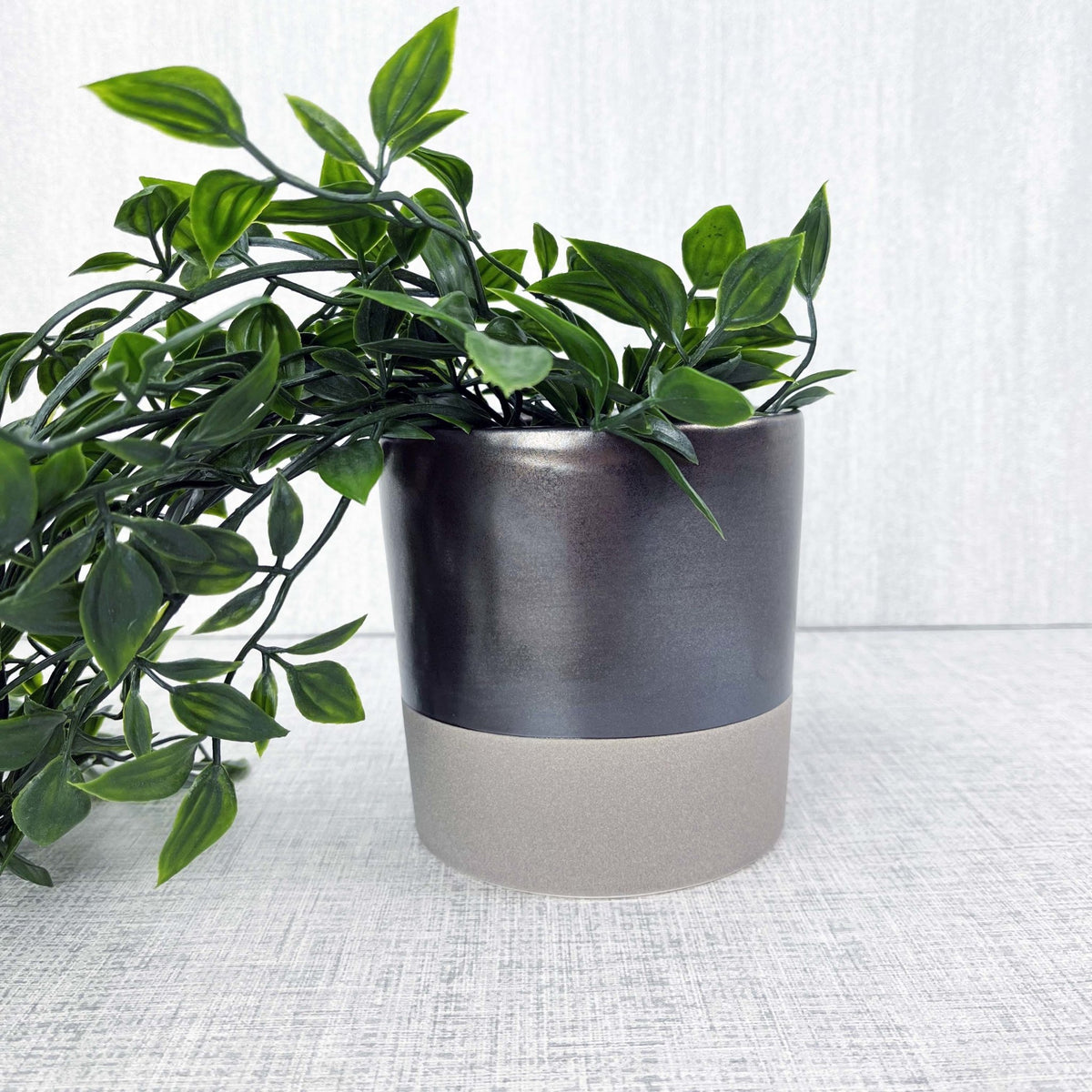 Terra Grey Metallic Style Planter medium with green leafy plant