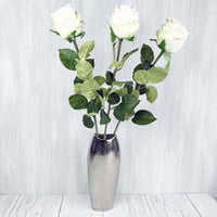 Traditional White Roses in chrome vase on grey background.