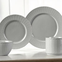 16 Piece Ceramic Dinner Set Plates Bowls Mugs Rippled Grey Dinnerware Set - Cherish Home