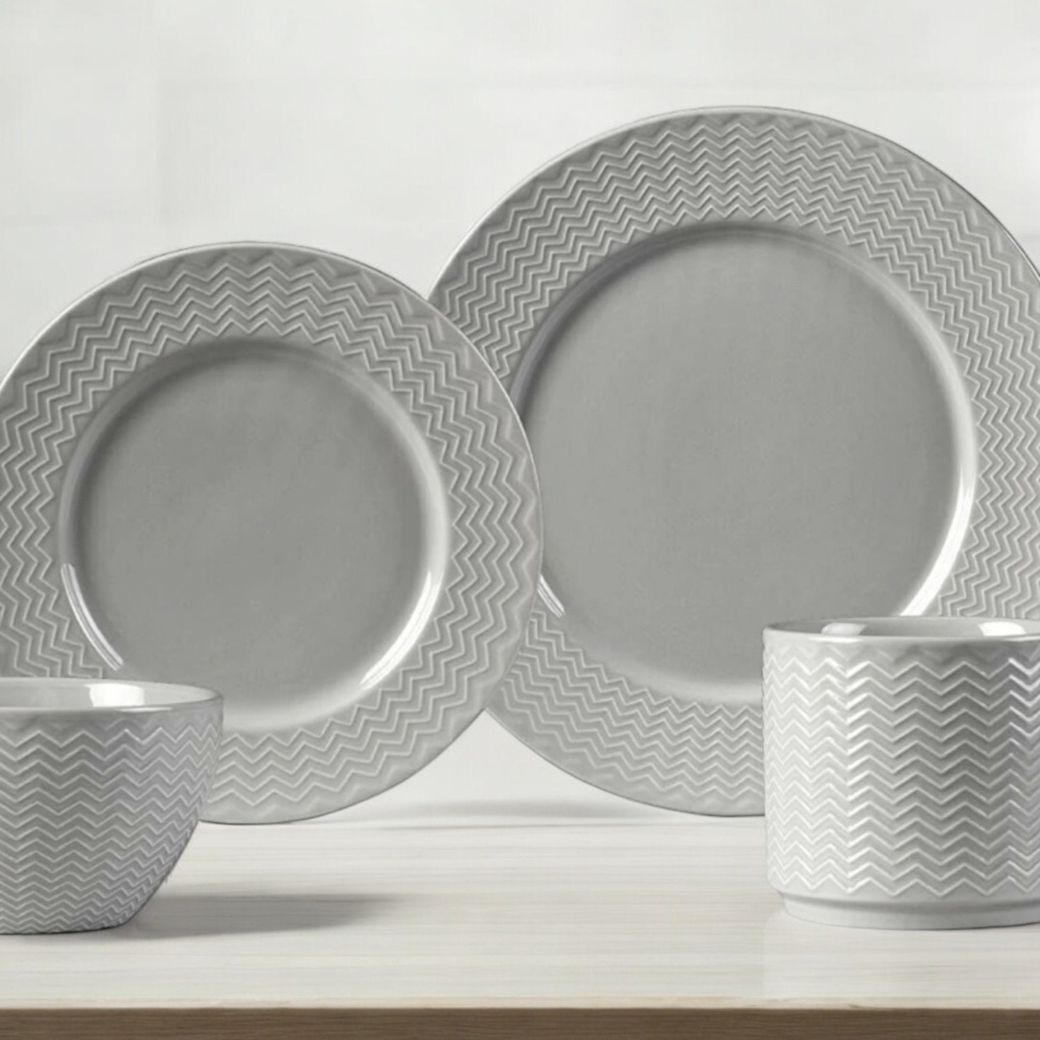 16 Piece Ceramic Dinner Set Plates Bowls Mugs Rippled Grey Dinnerware Cherish Home