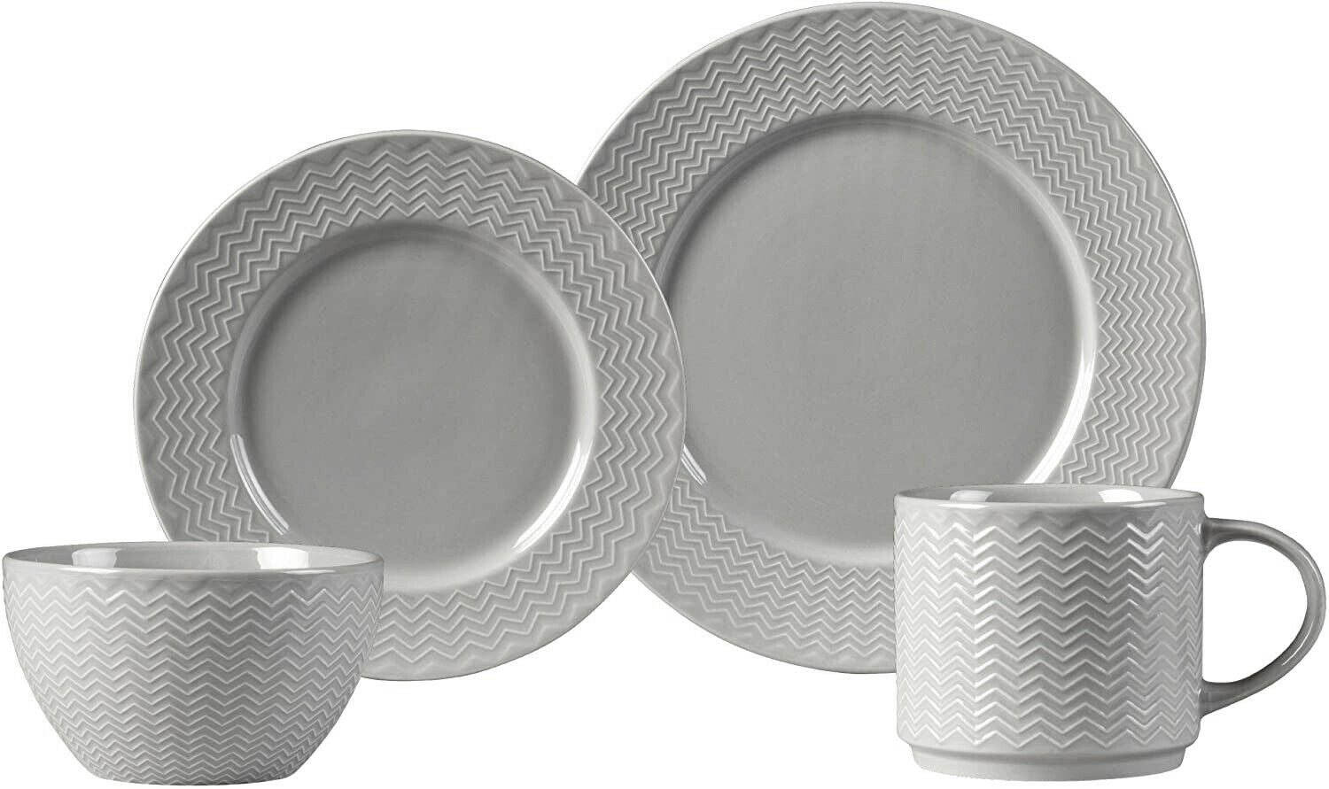 16 Piece Ceramic Dinner Set Plates Bowls Mugs Rippled Grey Dinnerware Cherish Home