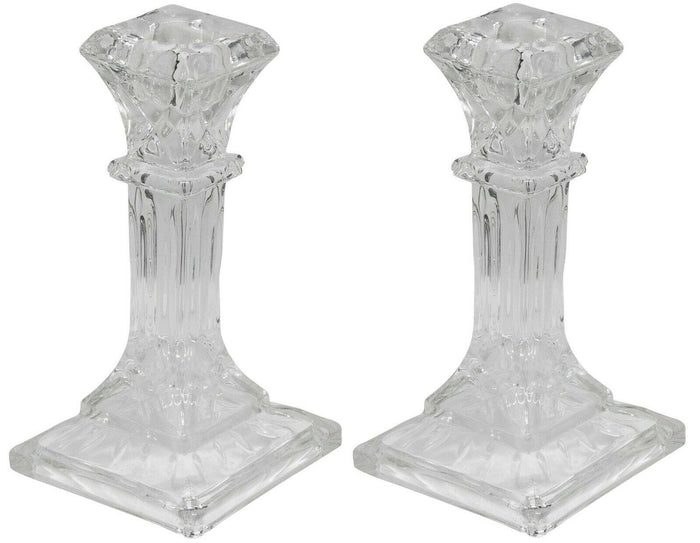 16cm Tall Square Glass Candlesticks Set of 2 Pillar Shaped Design Candle Stick - Cherish Home