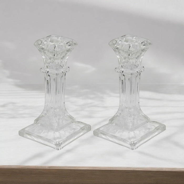 16cm Tall Square Glass Candlesticks Set of 2 Pillar Shaped Design Candle Stick - Cherish Home