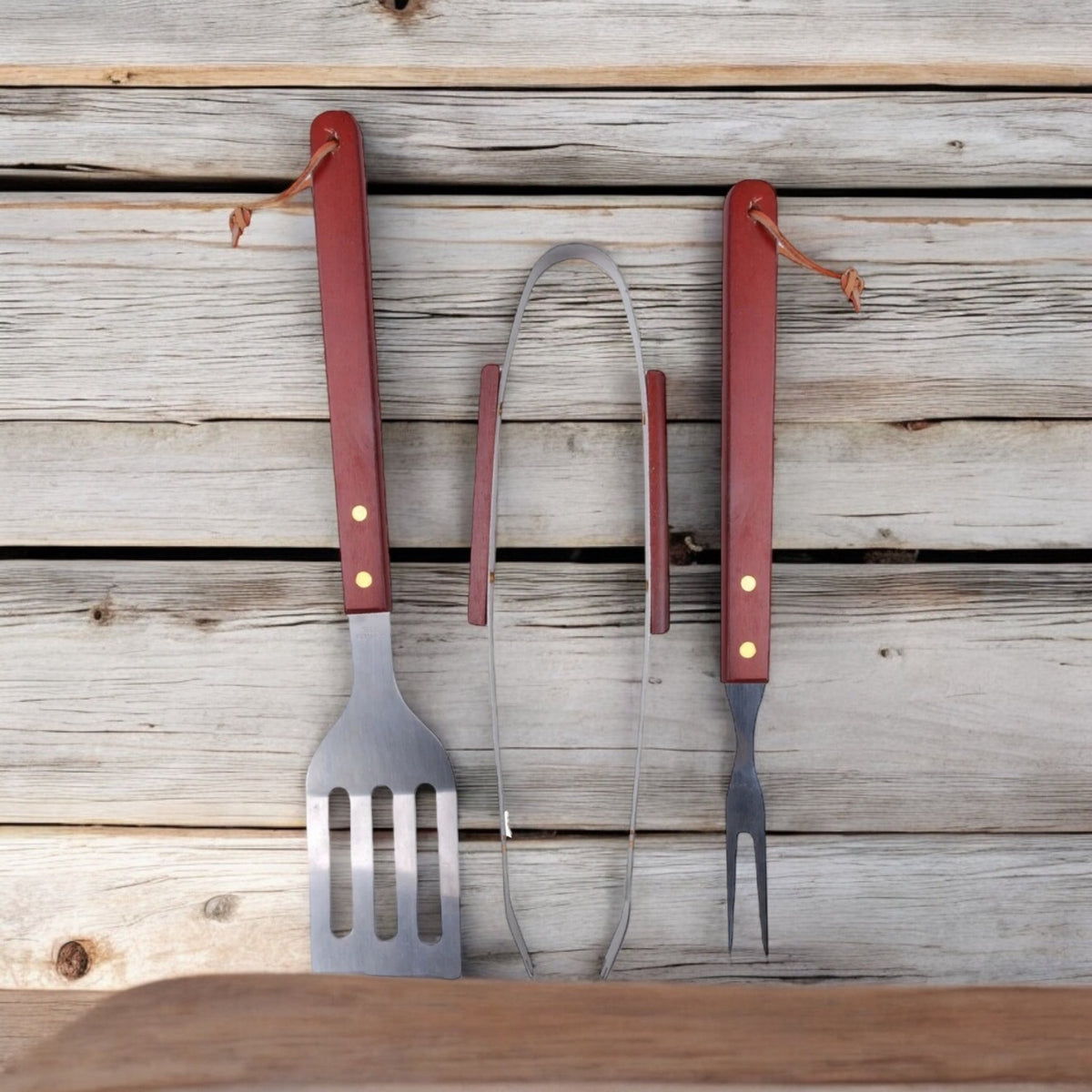 3 Piece BBQ set Barbecue Spatula Tong and Fork with Wooden handles Deluxe Set - Cherish Home