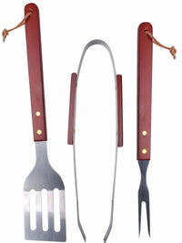 3 Piece BBQ set Barbecue Spatula Tong and Fork with Wooden handles Deluxe Set - Cherish Home