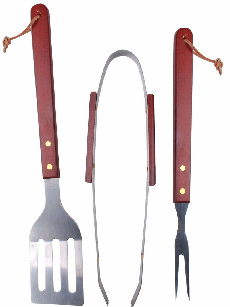 3 Piece BBQ set Barbecue Spatula Tong and Fork with Wooden handles Deluxe Set - Cherish Home