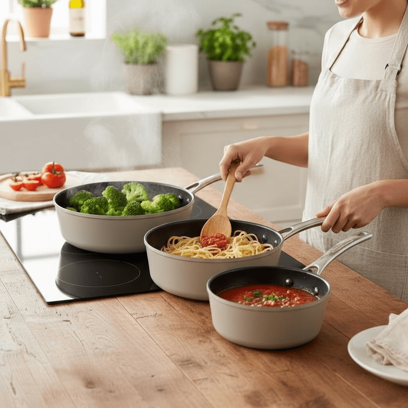 3 - Piece Laura Ashley Cookware Set of Cooking Pans Sage Leaf - Cherish Home