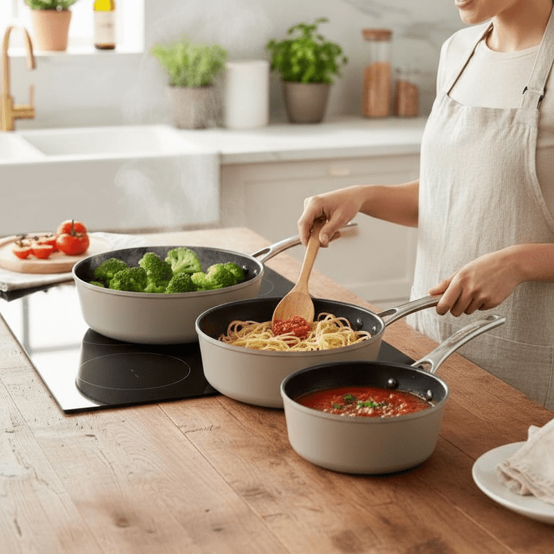 3 - Piece Laura Ashley Cookware Set of Cooking Pans Sage Leaf - Cherish Home