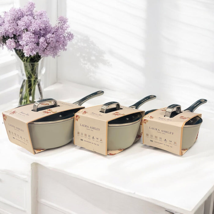 3 - Piece Laura Ashley Cookware Set of Cooking Pans Sage Leaf - Cherish Home