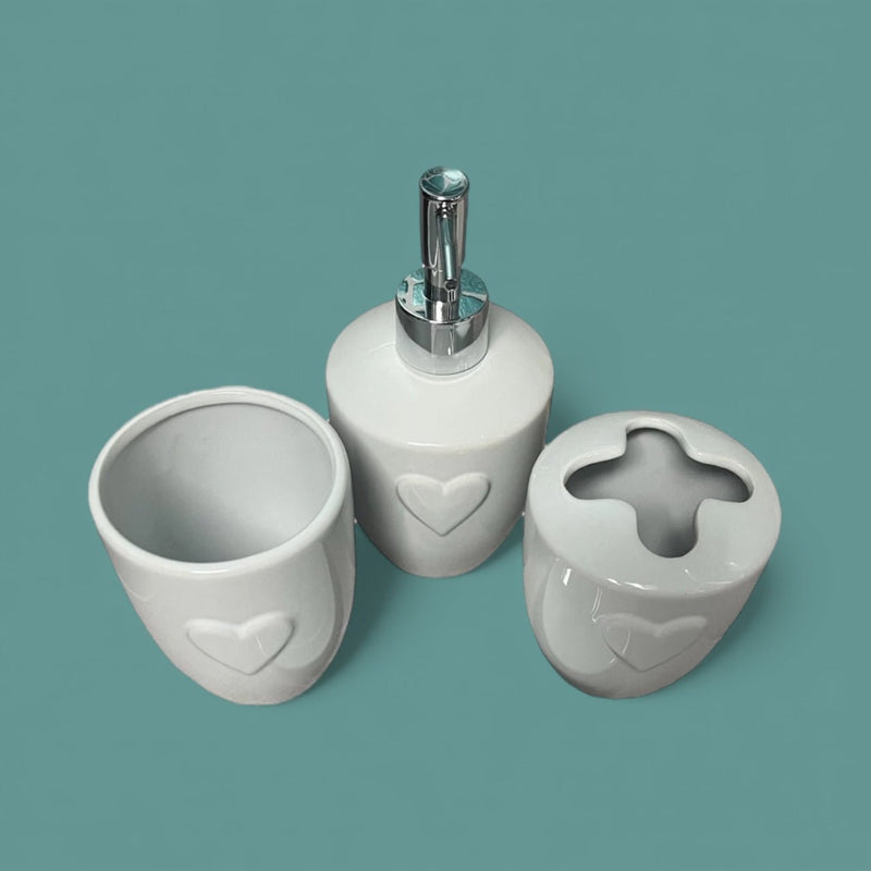 3 - Piece White Heart Ceramic Bathroom Collection: Soap Dispenser, Toothbrush Holder, Tumbler - Cherish Home