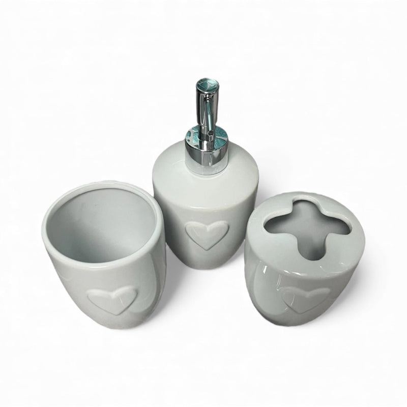 3 - Piece White Heart Ceramic Bathroom Collection: Soap Dispenser, Toothbrush Holder, Tumbler - Cherish Home