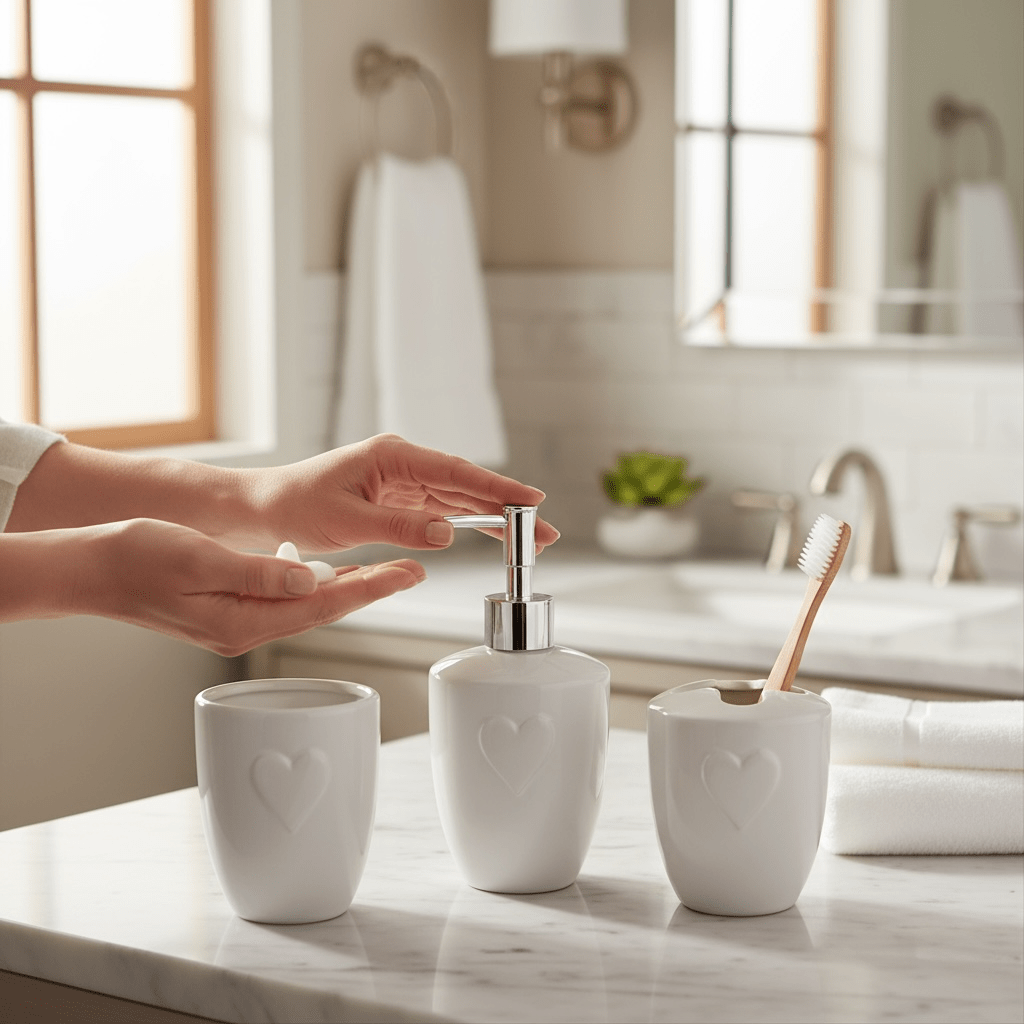 3 - Piece White Heart Ceramic Bathroom Collection: Soap Dispenser, Toothbrush Holder, Tumbler - Cherish Home