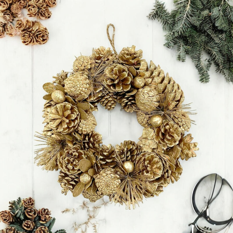 30cm Christmas Gold Wreath Hanging Xmas Door Wreath Decoration & Cones PREMIUM - Cherish Home