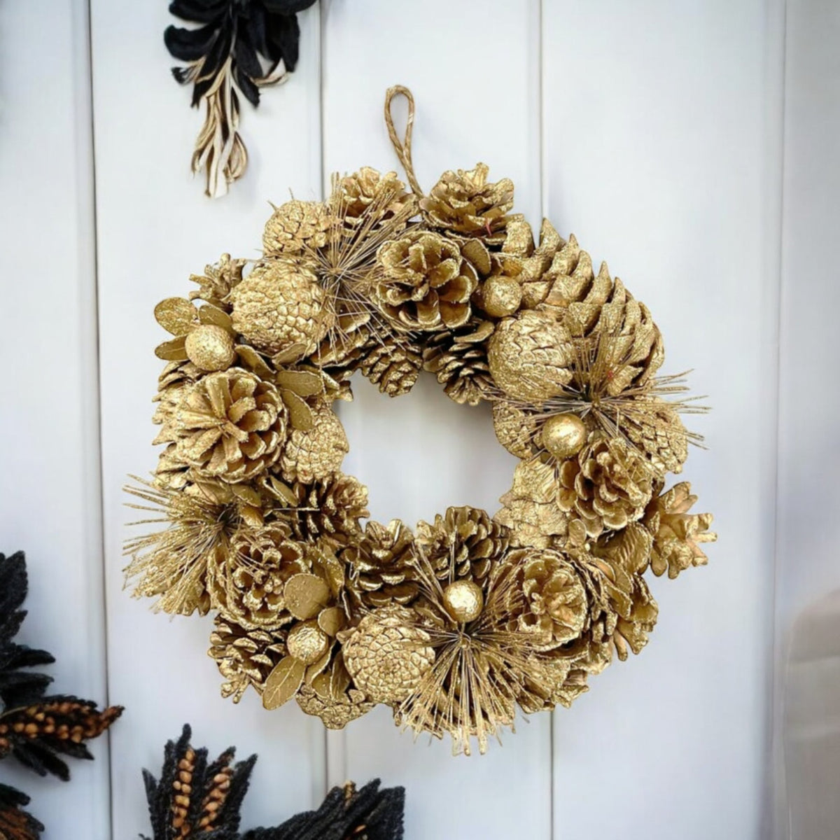 30cm Christmas Gold Wreath Hanging Xmas Door Wreath Decoration & Cones PREMIUM - Cherish Home