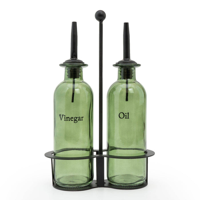 Oil and Vinegar Dispenser Set - Olive Design Glass Bottles for Kitchen, Cruet Set with Pourers for Cooking & Salad Dressing