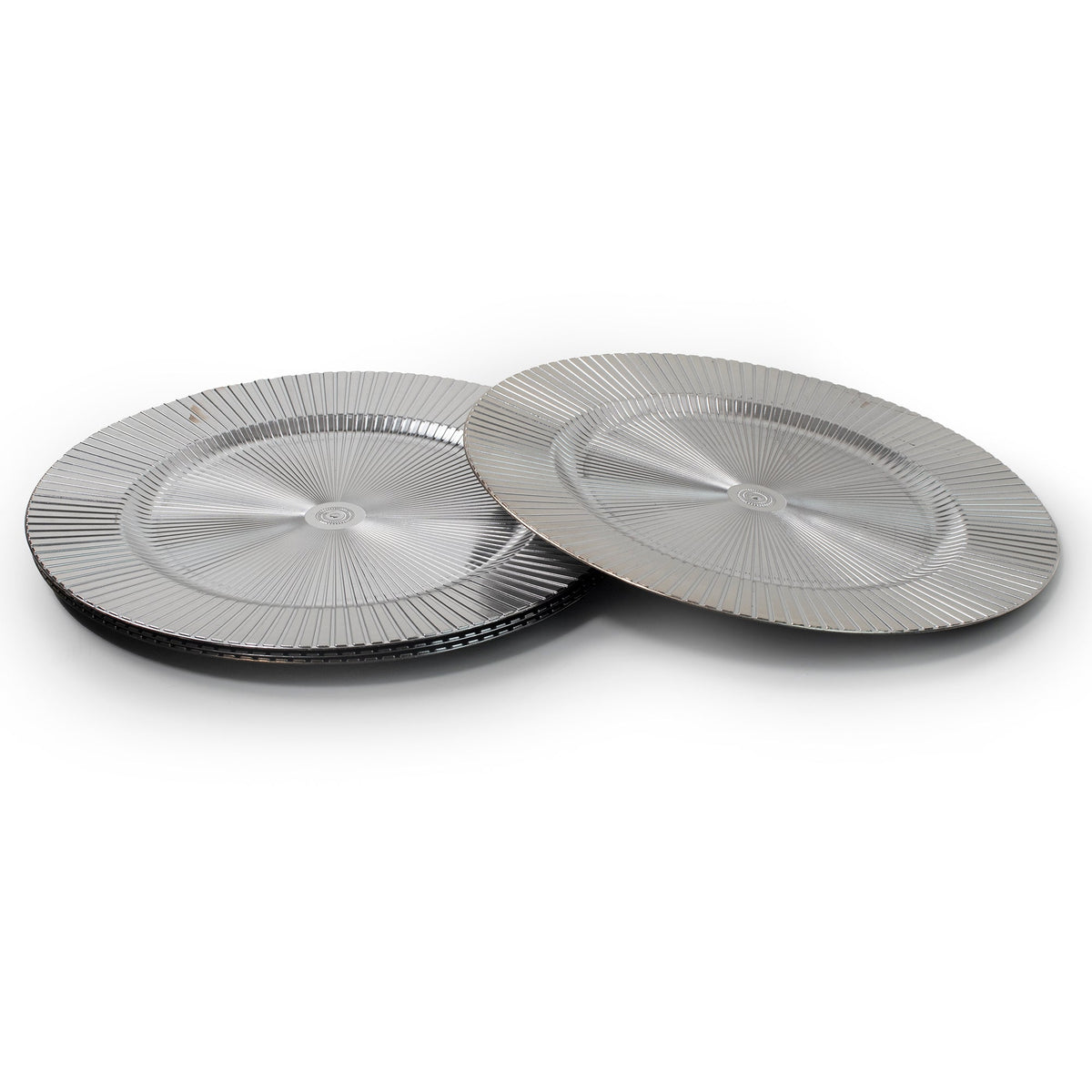 4 - Pack 33cm Round Plastic Charger Plates - Silver Decorative Striped Underplates - Cherish Home