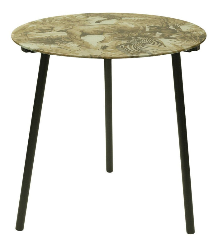 40cm Round Side Table Glass Safari Print Tray Top 3 Metal Legs Tea Coffee Table - Cherish Home