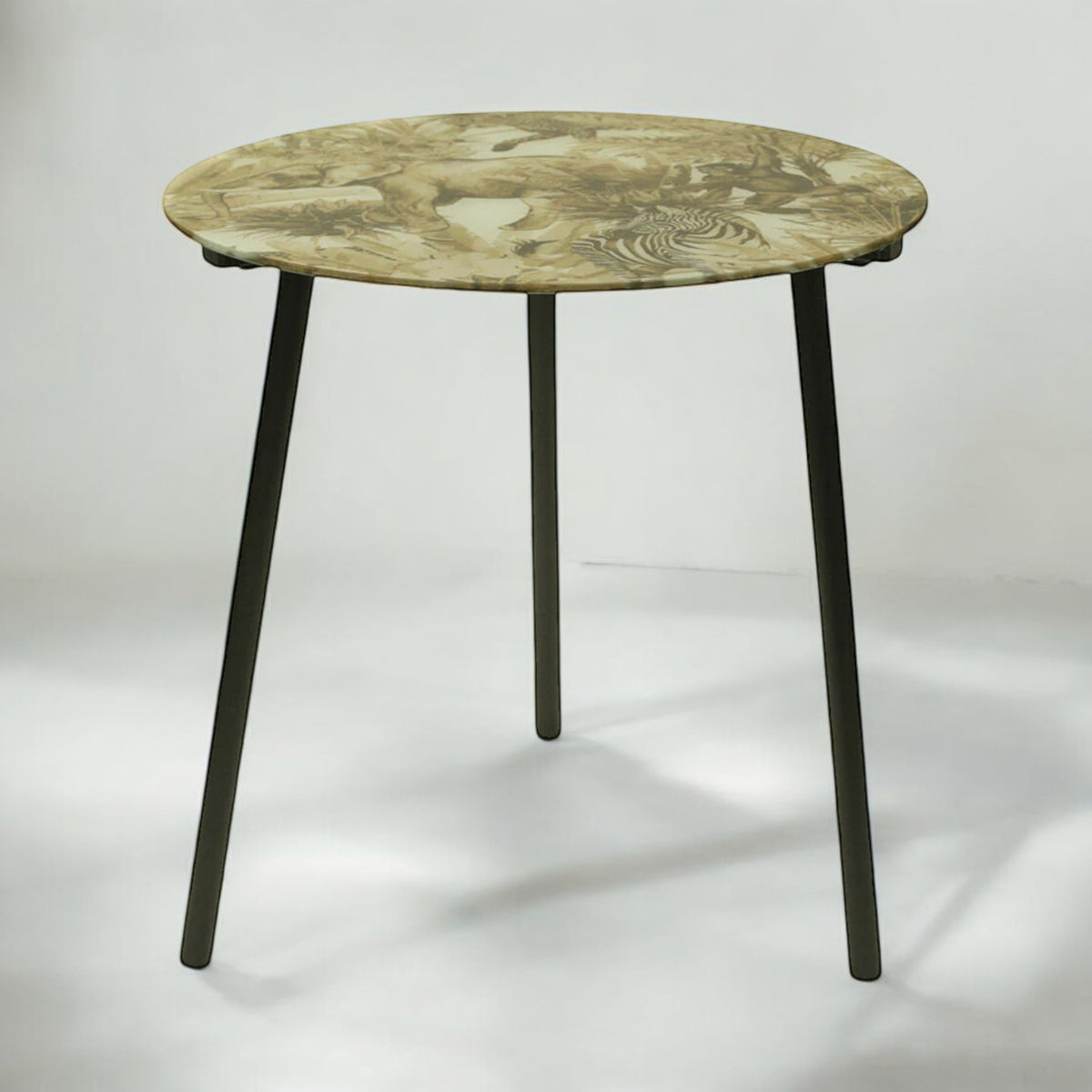 40cm Round Side Table Glass Safari Print Tray Top 3 Metal Legs Tea Coffee Table - Cherish Home