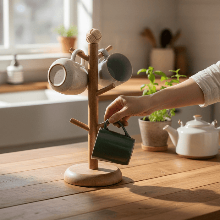 6 - Mug Kitchen Mug Storage - Mango Wood - Cherish Home