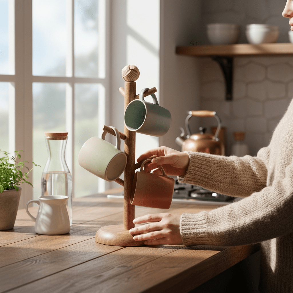 6 - Mug Kitchen Mug Storage - Mango Wood - Cherish Home