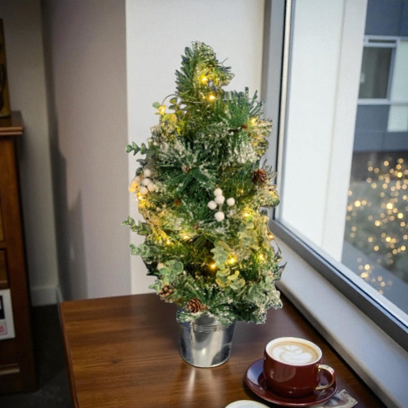 61cm Pre Lit Artificial Snow Tipped Mini Christmas Tree with Lights & Decoration - Cherish Home
