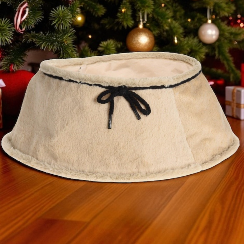 Large 60cm Cream Christmas Tree Skirt Foldable Faux-Fur Effect Base Cover