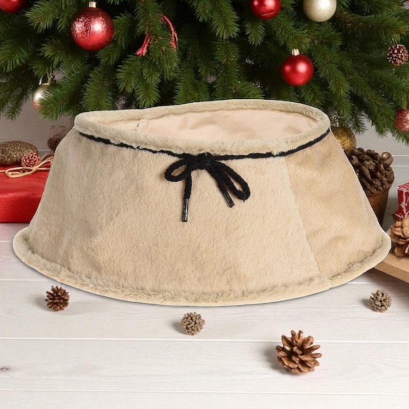Large 60cm Cream Christmas Tree Skirt Foldable Faux-Fur Effect Base Cover