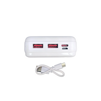 A white USB multi-port charger with two USB-A ports and one USB-C port, shown with a white USB-C to USB-A cable on a white background.