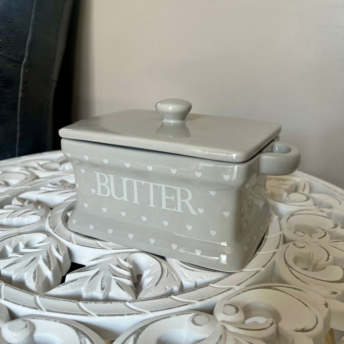 Grey with White Hearts Butter Dish and Lid