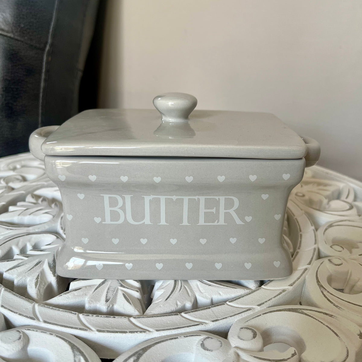 Grey with White Hearts Butter Dish and Lid