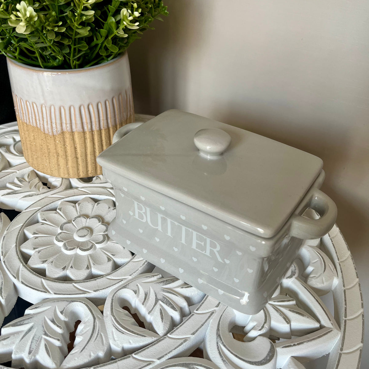 Grey with White Hearts Butter Dish and Lid