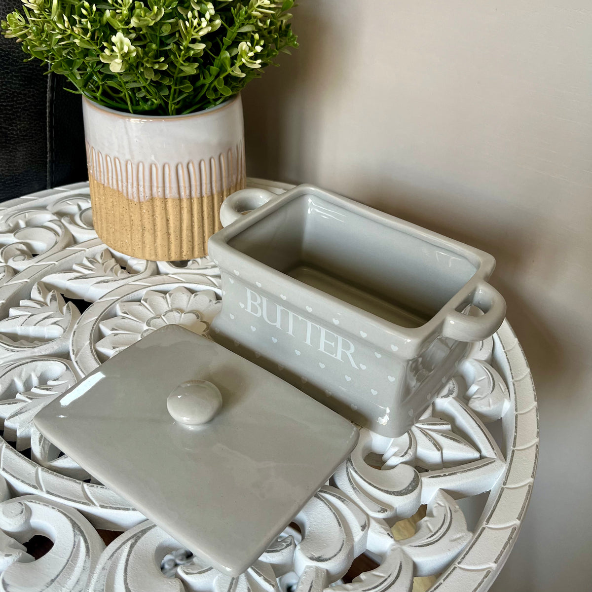 Grey with White Hearts Butter Dish and Lid