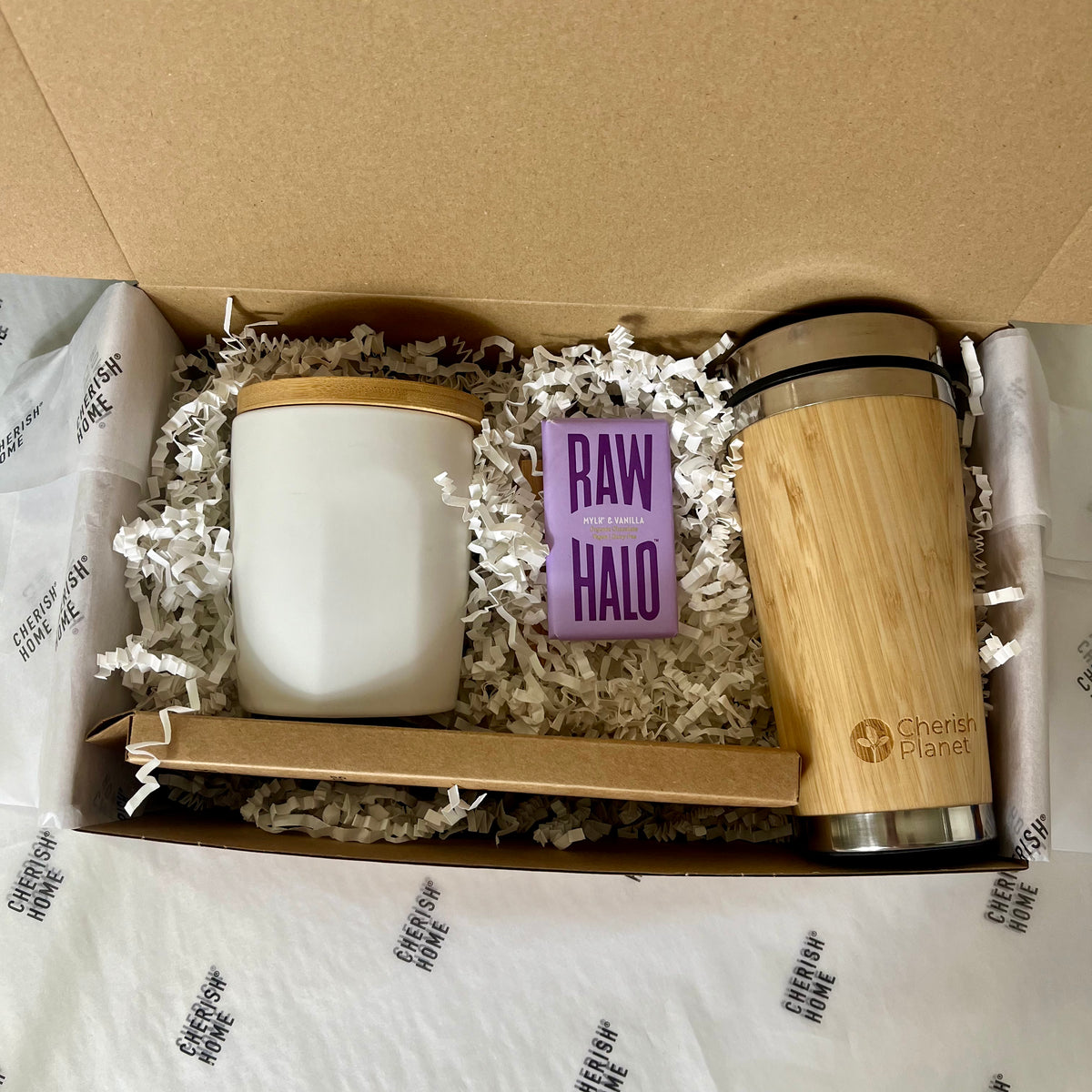 Eco Friendly Coffee Time Gift Set with sustainable Bamboo Mugs & delicious chocolate, Reusable Drinkware Hamper
