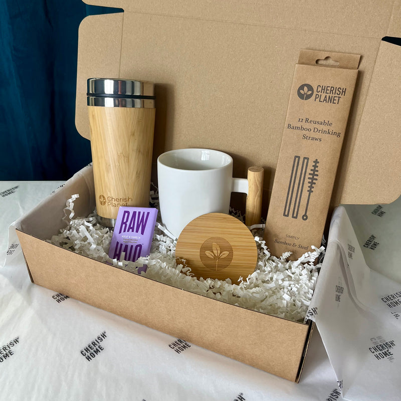 Eco Friendly Coffee Time Gift Set with sustainable Bamboo Mugs & delicious chocolate, Reusable Drinkware Hamper
