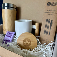 Eco Friendly Coffee Time Gift Set with sustainable Bamboo Mugs & delicious chocolate, Reusable Drinkware Hamper