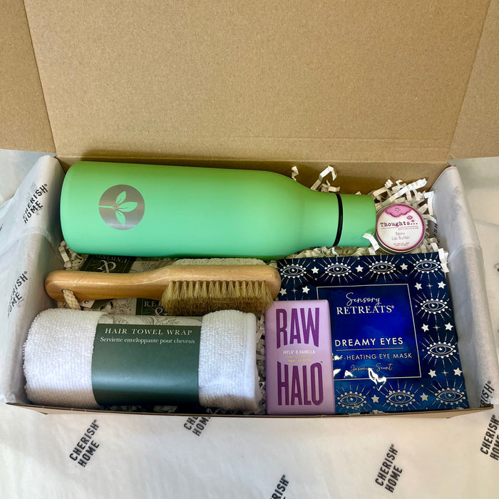 The Pamper & Hydrate Wellness Gift Set, self-care hamper for Her with Green Bottle, Hair Wrap & Lip Balm